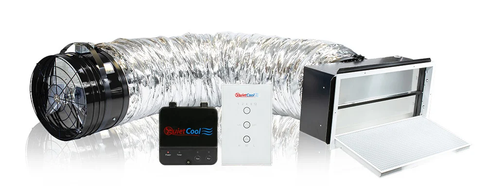 QuietCool whole-house fan, duct, ceiling damper and wireless controls
