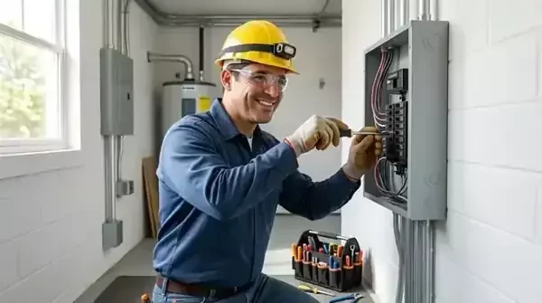 Electrician working at an electrical panel