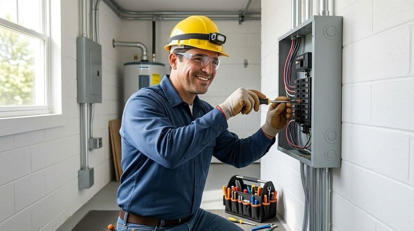 Electrician working at an electrical panel